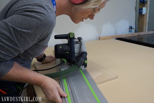 Using track saw to make an angled cut for shelving brackets