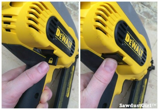 How to Choose a Nail Gun to Buy in 2021 - lock feature on DeWalt nailer