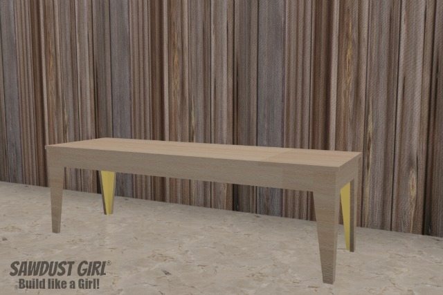 Super easy Tapered Leg Wood Bench plans from https://sawdustgirl.com.