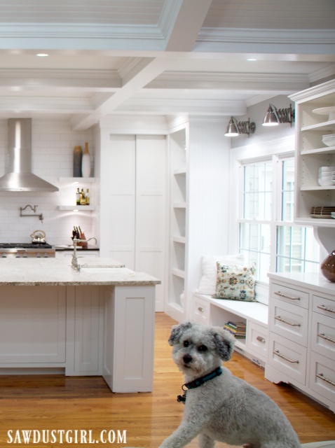 Kitchen, white cabinets, white granite
