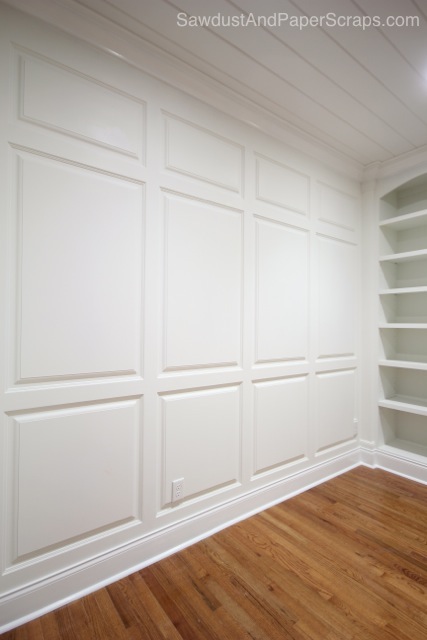 DIY Library with White Built-ins and Wainscoting