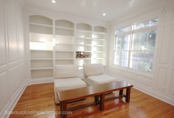 DIY Library with White Built-ins and Wainscoting