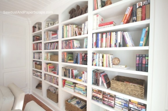 Library with White Painted Built-In Bookshelves