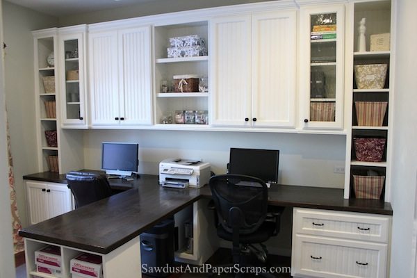 Home office wood countertops white built ins