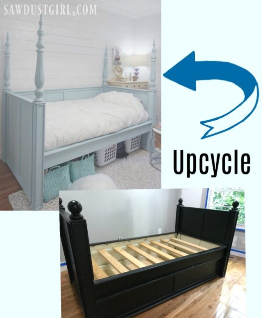 Small bedroom woes? Here is a pretty bedroom upcycle idea: Salvaged table legs and finials give a daybed a small footprint, extra storage, and lots of wow!
