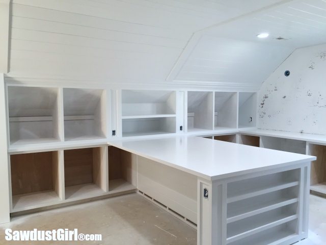 White Painted Craft Room Cabinets and Countertops